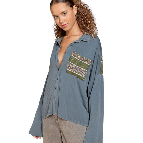 Olive Green Boho Oversize Button Up Shirt MEDIUM Bell Sleeve Slouchy Top POL NEW - Picture 5 of 11